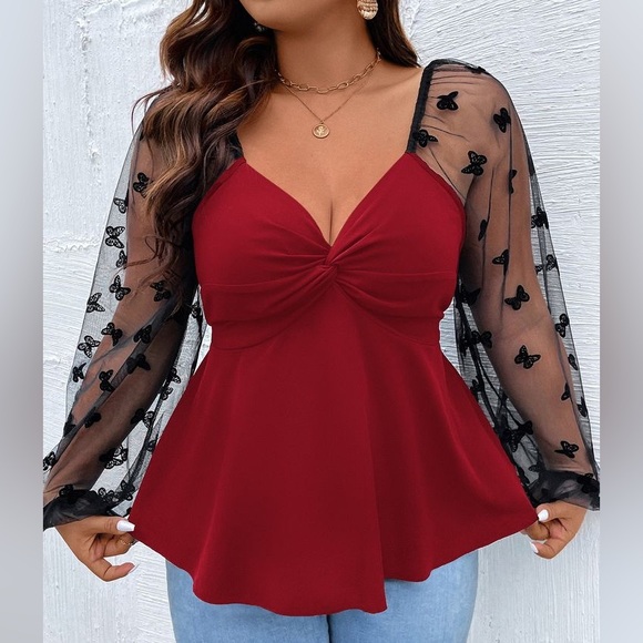 SHEIN Tops - Sold! SHEIN Curve 2XL Red Babydoll Top Butterfly Mesh Sleeves Valentine Date